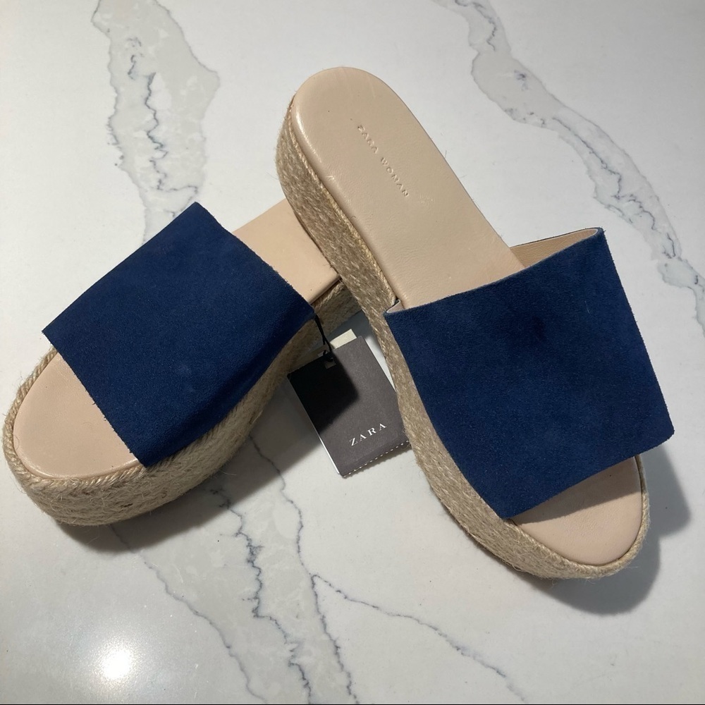 ZARA WOMAN Sz 38 Leather  Dark Blue 2.5” Platform Slip On Espadrille NWT